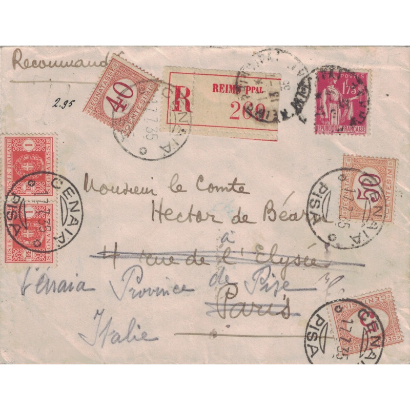 MARNE - REIMS - LETTRE RECOMMANDEE AVEC TYPE PAIX POUR LE Cte DE BEARN EN ITALIE - 5 TIMBRES TAXE EN ARRIVEE - SUPERBE.