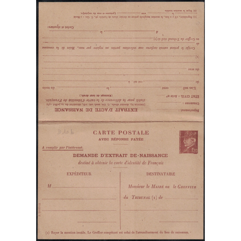 PETAIN - 1F20 - CARTE POSTALE REPONSE PAYEE - DEMANDE D'EXTRAIT DE NAISSANCE - COTE 400€.