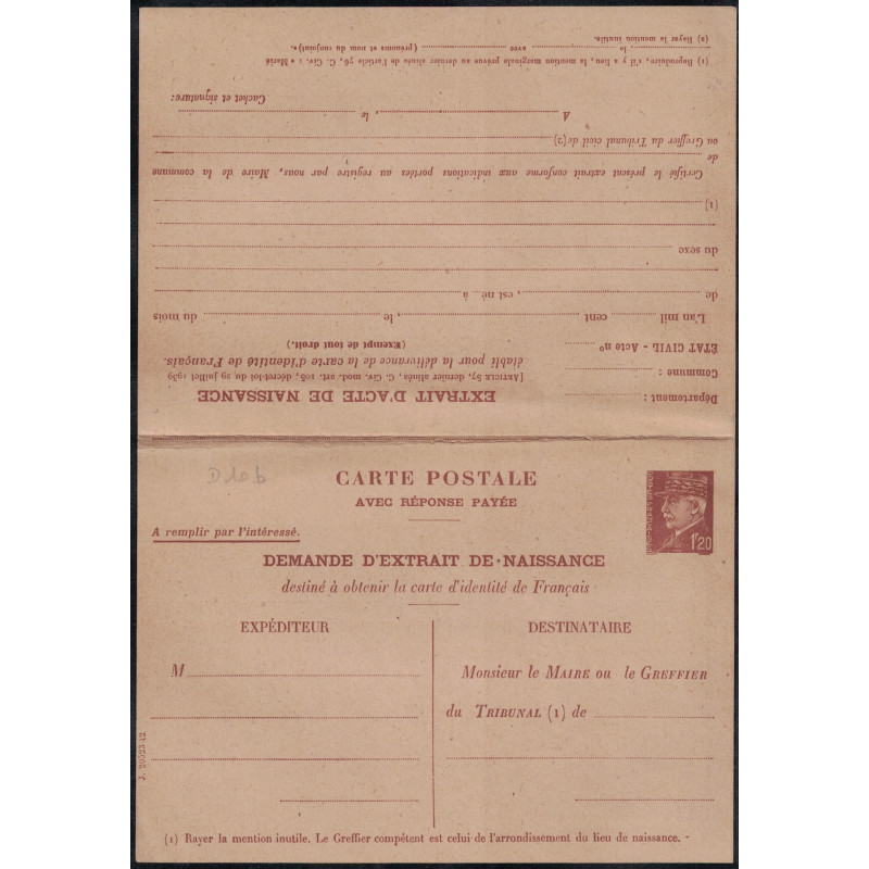 PETAIN - 1F20 - CARTE POSTALE REPONSE PAYEE - DEMANDE D'EXTRAIT DE NAISSANCE - COTE 400€.