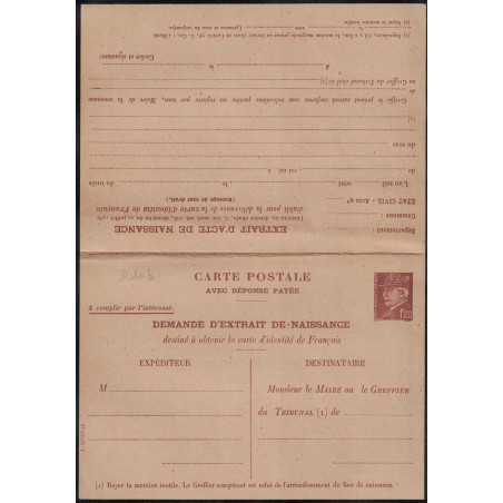 PETAIN - 1F20 - CARTE POSTALE REPONSE PAYEE - DEMANDE D'EXTRAIT DE NAISSANCE - COTE 400€.