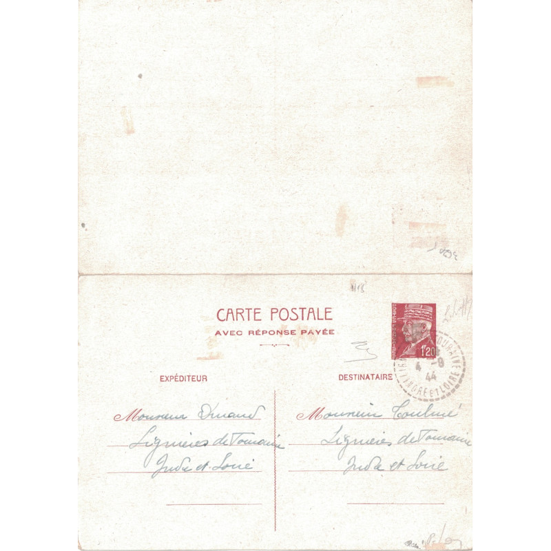 PETAIN - 1F20 - CARTE POSTALE REPONSE PAYEE - SURCHARGE RF  -SIGNE CALVES ET MAYER - COTE 1100€.