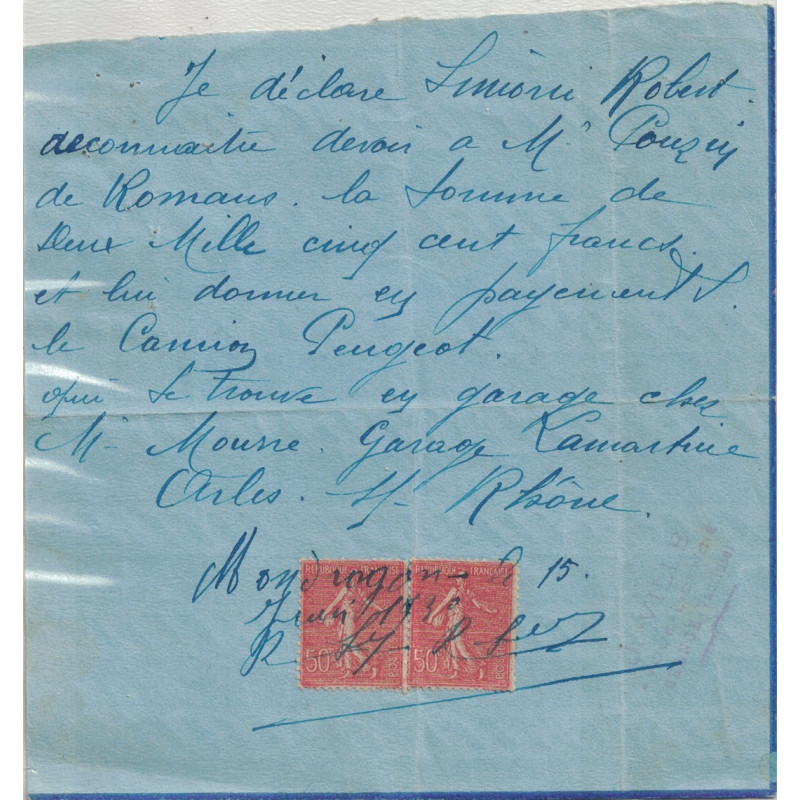 VAUCLUSE - MONDRAGON - SEMEUSE N°199x2 SUR RECONNAISSANCE DE DETTE DU 15 JUIN 1930 - UTILISATION PEU COURANTE DE TIMBRE-POSTE. VAUCLUSE - MONDRAGON - SEMEUSE N°199x2 SUR RECONNAISSANCE DE DETTE DU 15 JUIN 1930 - UTILISATION PEU COURANTE DE TIMBRE-POSTE.