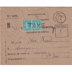 VIENNE - MILLAC - EVELOPPE RECOUVREMENTS DES POSTES N°1494 - SEMEUSE UTILISEE COMME TAXE - N°362 PAIRE GRIFFE TAXE.