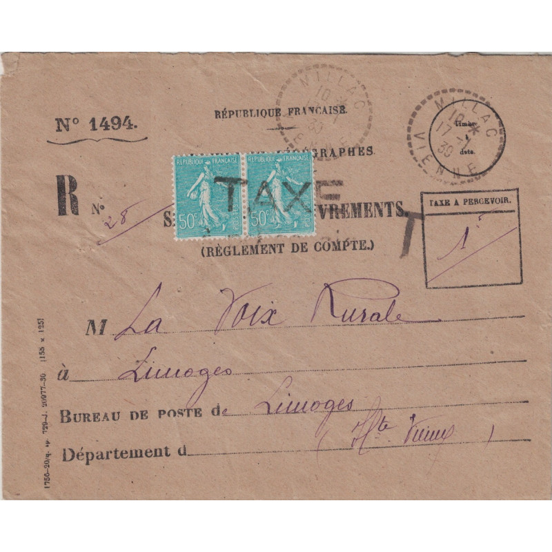 VIENNE - MILLAC - EVELOPPE RECOUVREMENTS DES POSTES N°1494 - SEMEUSE UTILISEE COMME TAXE - N°362 PAIRE GRIFFE TAXE.