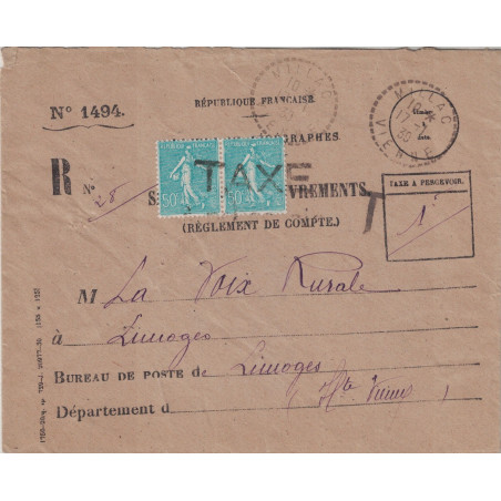 VIENNE - MILLAC - EVELOPPE RECOUVREMENTS DES POSTES N°1494 - SEMEUSE UTILISEE COMME TAXE - N°362 PAIRE GRIFFE TAXE.