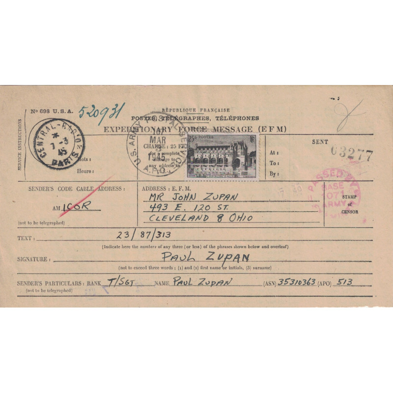copy of TELEGRAMME EFM - US ARMY - AFFRANCHISSEMENT CHENONCEAUX - CACHET CENTRAL RADIO PARIS 7-3-1945 - APO 772 MARSEILLE.