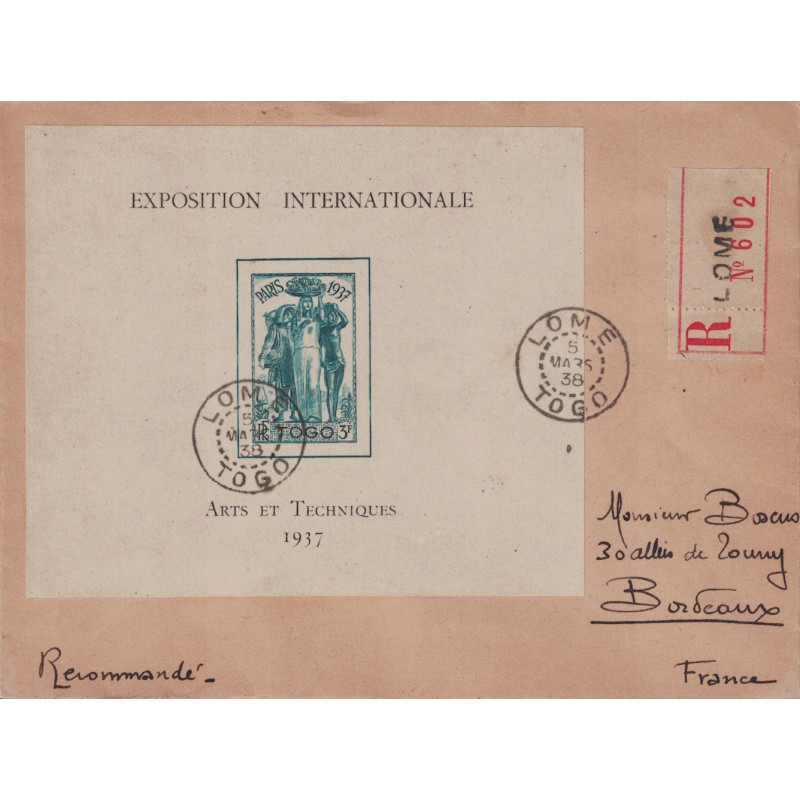 TOGO - LOME - BLOC N°1 EXPOSITION INTERNATIONALE PARIS 1937 SEUL SUR LETTRE RECOMMANDEE POUR LA FRANCE - 5 MARS 1938..