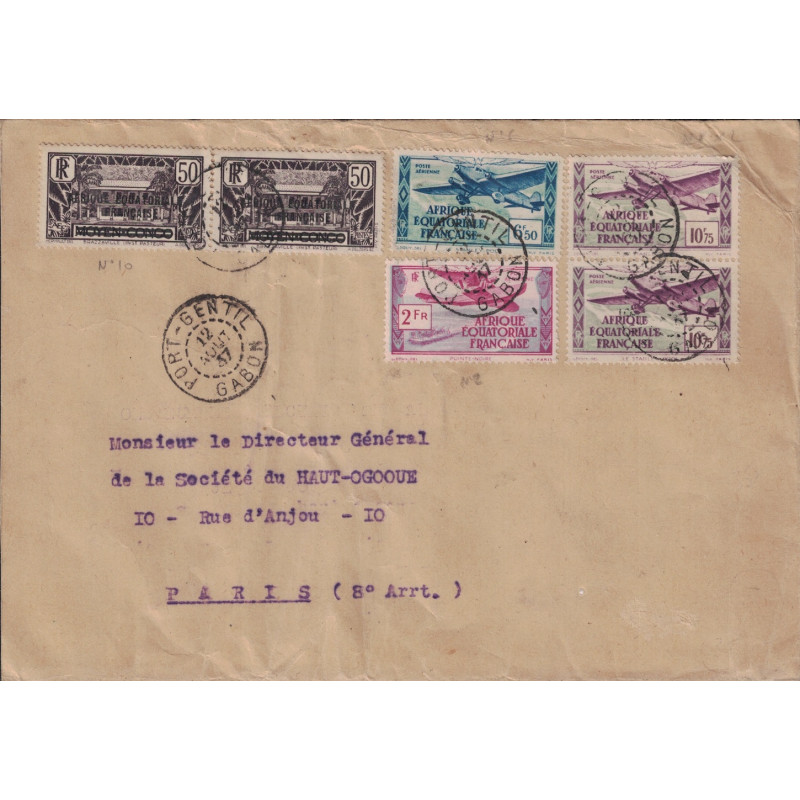 GABON - PORT GENTIL - LETTRE POUR LA FRANCE - LE 12 AOUT 1947 - BEL AFFRANCHISSEMENT  AVEC POSTE AERIENNE.