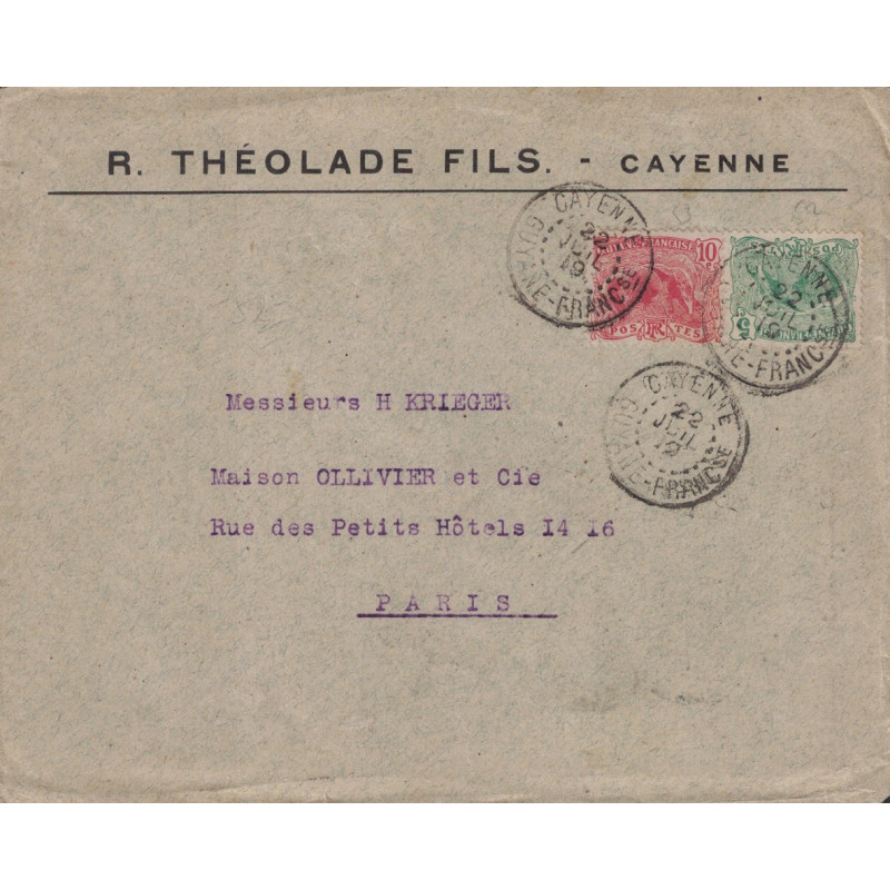 GUYANE - CAYENNE - 22-7-1919 - LETTRE ENTETE POUR LA FRANCE.