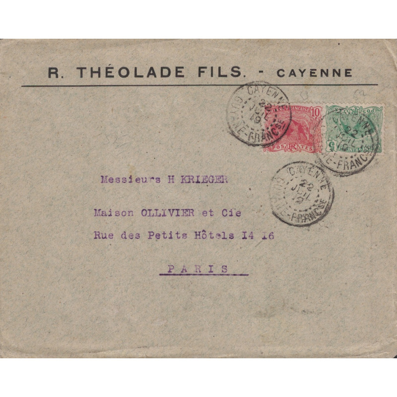 GUYANE - CAYENNE - 22-7-1919 - LETTRE ENTETE POUR LA FRANCE.