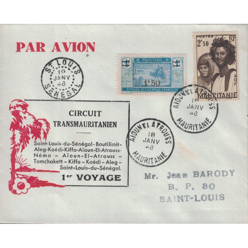 MAURITANIE - AIOUN EL ATROUSS - LETTRE PAR AVION CIRCUIT TRANSMAURITANIEN LE 18-1-1943.