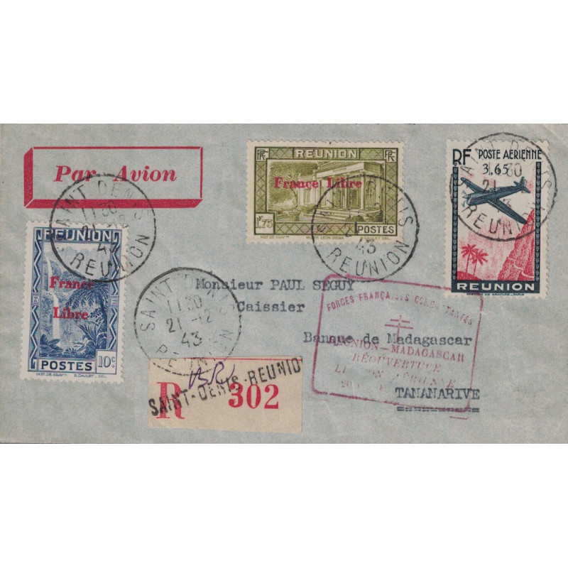 REUNION - SAINT-DENIS POUR MADAGASCAR - FORCES FRANCAISES COMBATTANTES - LIAISON AERIENNE REUNION MADAGASCAR 20-12-1943. REUNION - SAINT-DENIS POUR MADAGASCAR - FORCES FRANCAISES COMBATTANTES - LIAISON AERIENNE REUNION MADAGASCAR 20-12-1943.