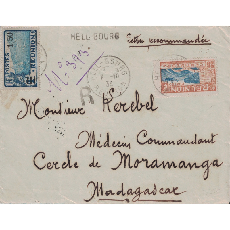 REUNION - HELBOURG -  RECOMMANDE PROVISOIRE DU 8-10-1933 POUR MADAGASCAR