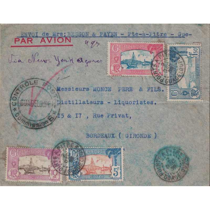 copy of GUADELOUPE - 1er LIAISON GUADELOUPE-PRANCE VIA TERRE-NEUVE-IRLANDE - 22 JUIN 1939 - SUPERBE AFFRANCHISSEMENT.