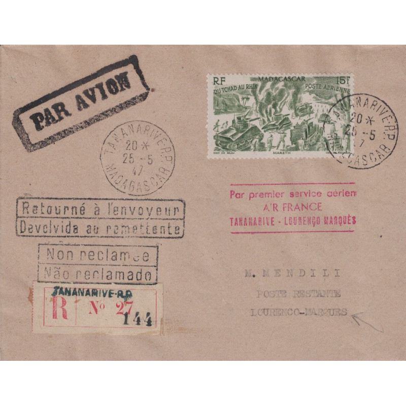 MADAGASCAR - TANANARIVE -  PAR 1er SERVICE AERIEN AIR FRANCE TANANARIVE - LOURENCO-MARQUES - 25-5-1947