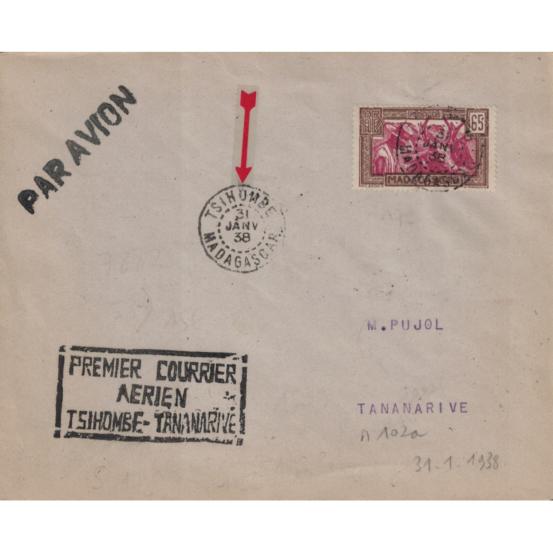 MADAGASCAR - TSIHOMBE - 1er COURRIER AERIEN TSIHOMBE-TANANARIVE - LE 31-1-1938.