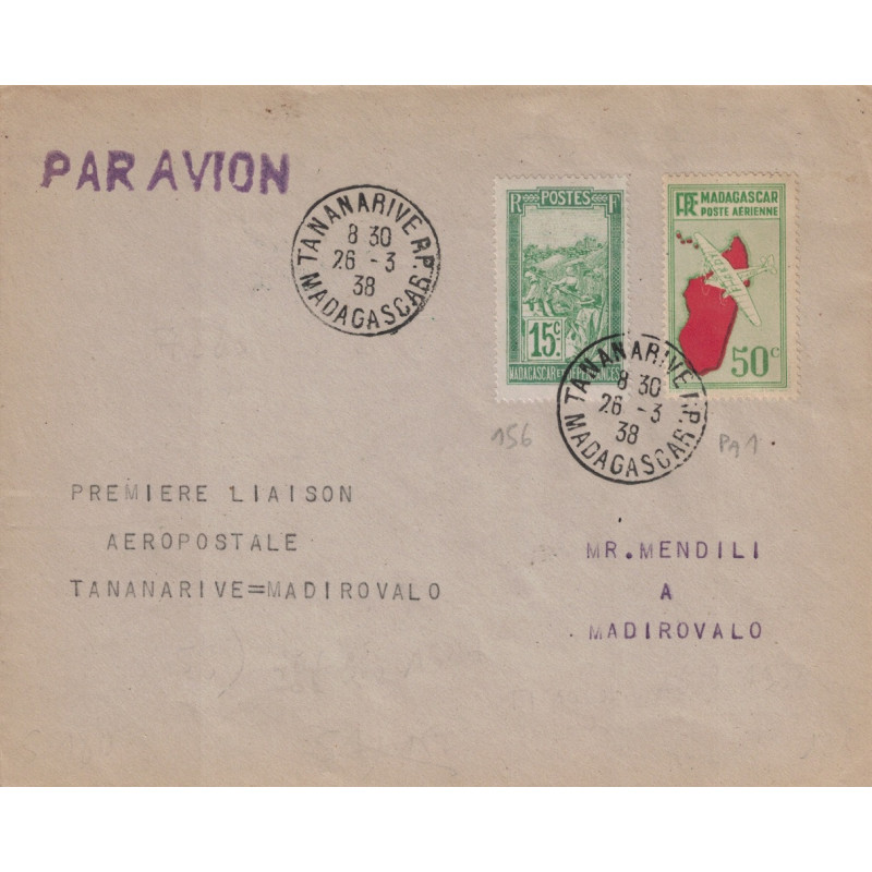MADAGASCAR - TANANARIVE - 1er LIAISON AEROPOSTALE TANANARIVE-MADIROVALO LE 26-3-1938 - VOYAGE RETOUR.