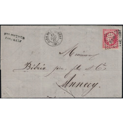 EMPIRE - N°24 - AMBULANT M.CM (MONT CENIS A MACON) - CACHET GARE DE CHAMBERY - LETTRE POUR ANNECY - SIGNE CALVES.
