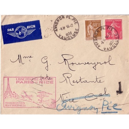 PARIS - NICE - LIGNE POSTALE AERIENNE - INNAUGURATION.