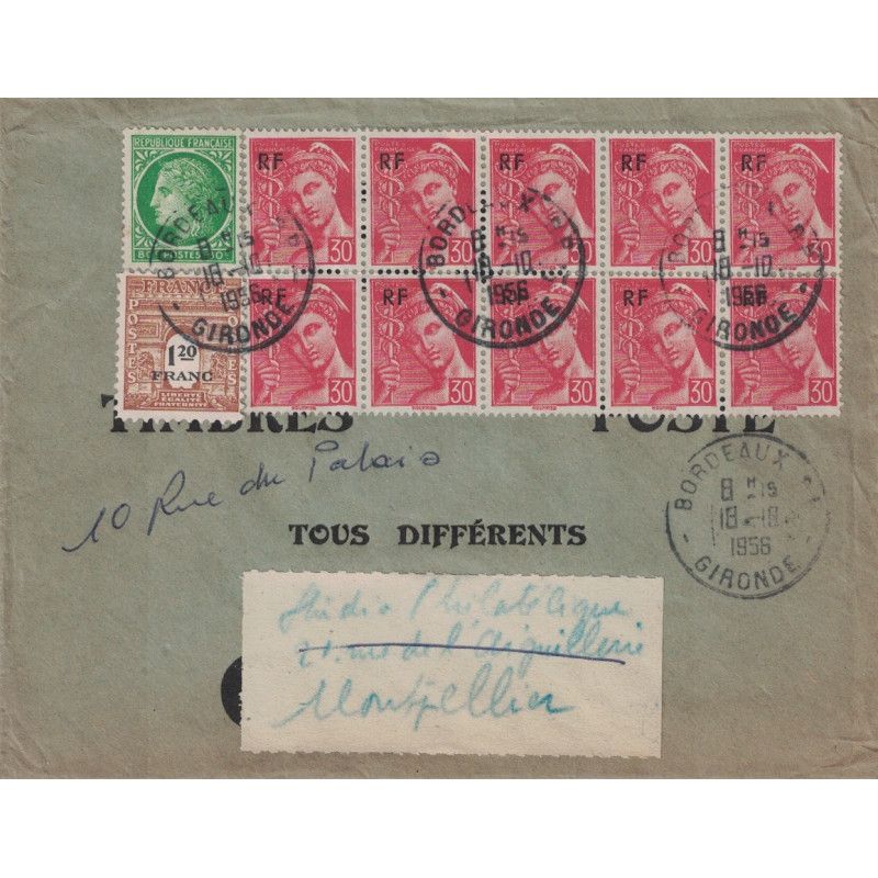 GIRONDE - BORDEAUX - AFFRANCHISSEMENT A 5F - AVEC BLOC DE 10 x0.30 MERCURE + MAZELIN + ARC DE TRIOMPHE - LE 18-10-1956. GIRONDE - BORDEAUX - AFFRANCHISSEMENT A 5F - AVEC BLOC DE 10 x0.30 MERCURE + MAZELIN + ARC DE TRIOMPHE - LE 18-10-1956.