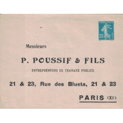 SEMEUSE - 25c - ENTIER ENVELOPPE - REPIQUAGE COMMERCIAL POUSSIF ET FILS ENTREPRENEURS DE TRAVAUX PUBLICS PARIS - NON SUGNALE.