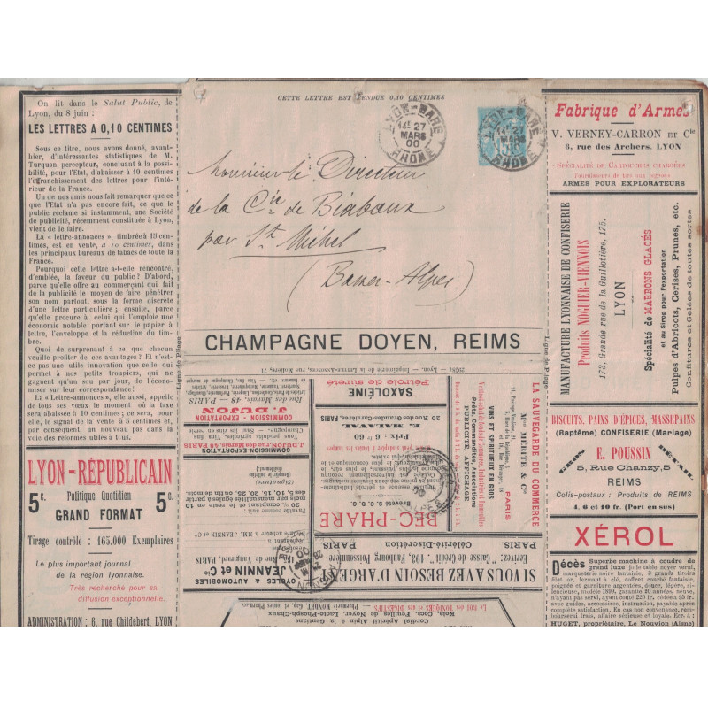 SAGE - 15c - ENTIER POSTAL - LETTRE ANNONCE PUBLICITAIRE - LYON-GARE - RHONE - LE 27 MARS 1900.