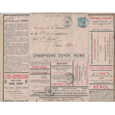 SAGE - 15c - ENTIER POSTAL - LETTRE ANNONCE PUBLICITAIRE - LYON-GARE - RHONE - LE 27 MARS 1900.