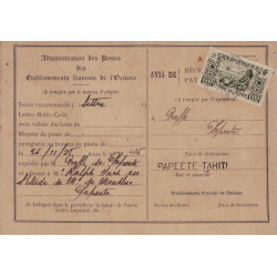 OCEANIE - PAPEETE - AVIS DE RECEPTION DE PAIEMENT - LE 25-11-1935 - VERSO DAGUIN DE TAHITI..