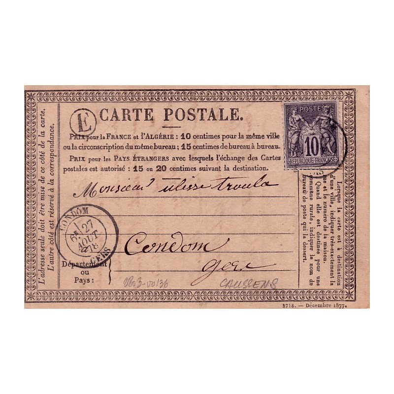 GERS - CONDOM 27-8-1878 + BR E DE CAUSSENS / 10c SAGE.