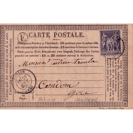 GERS - CONDOM 27-8-1878 + BR E DE CAUSSENS / 10c SAGE.