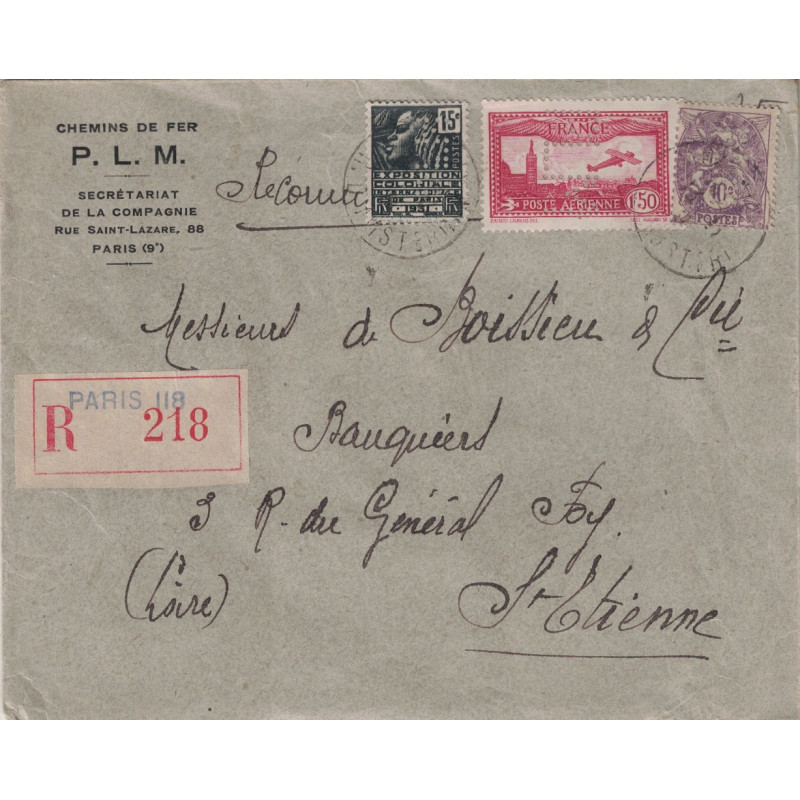 PARIS - 118 - LETTRE RECOMMANDEE - PERFORATION P.L.M. SUR LES 3 TIMBRES - CHEMIN DE FER PARIS-LYON-MARSEILLE - 14-11-1931.