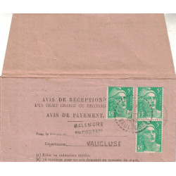 VAUCLUSE - MALEMORT DU COMTAT - GANDON 3x5F SUR AVIS DE RECEPTION.