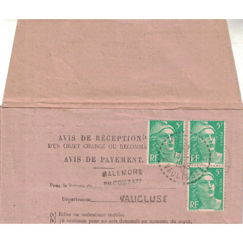 VAUCLUSE - MALEMORT DU COMTAT - GANDON 3x5F SUR AVIS DE RECEPTION.