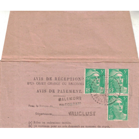 VAUCLUSE - MALEMORT DU COMTAT - GANDON 3x5F SUR AVIS DE RECEPTION.