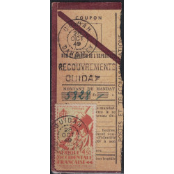 DAHOMEY - OUIDAH - LE 25-10-1949 - COUPON DE MANDAT AVEC AFFRANCHISSEMENT A 4F50.