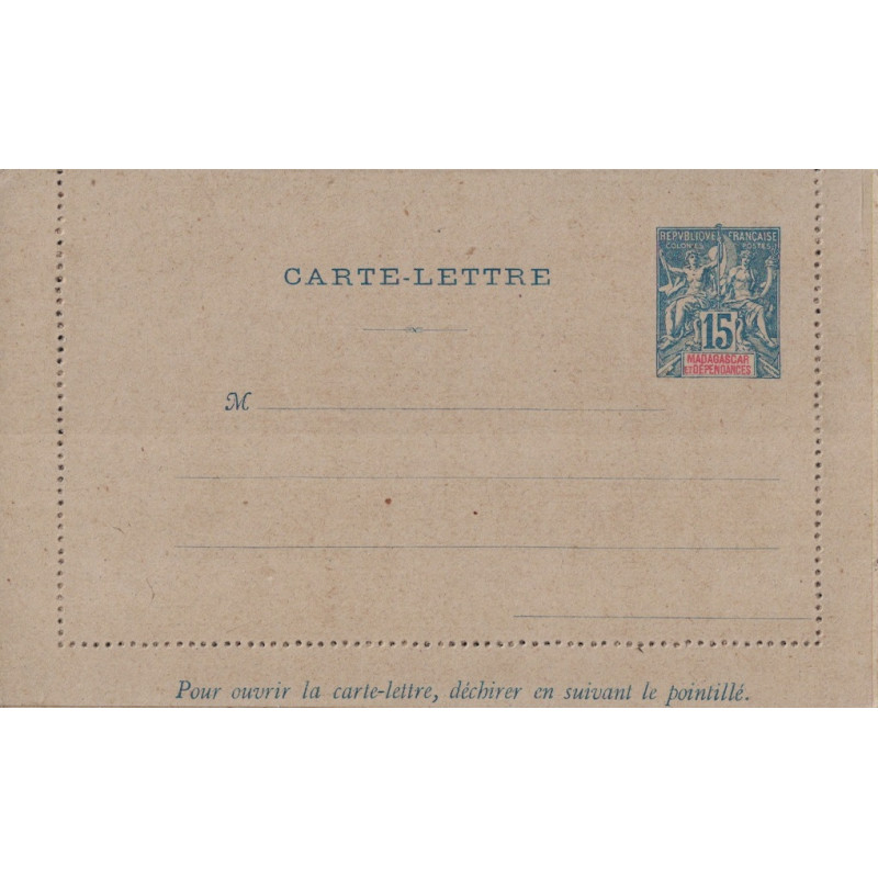 MADAGASCAR - CARTE LETTRE - TYPE GROUPE - 15c BLEU SUR GRIS - SANS DATE.