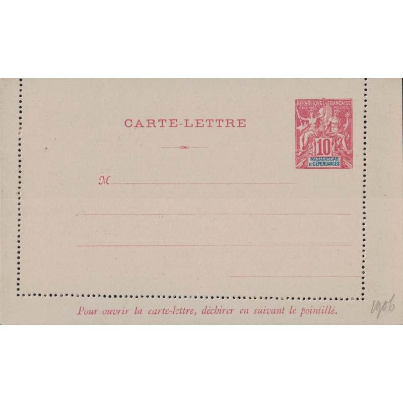 MADAGASCAR - TYPE GROUPE - CARTE LETTRE 10c CARMIN SUR GRIS.