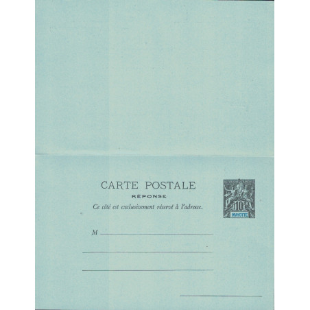 MAYOTTE - TYPE GROUPE - CARTE POSTALE AVEC REPONSE NEUVE 10+10c NOIR SUR BLEU.