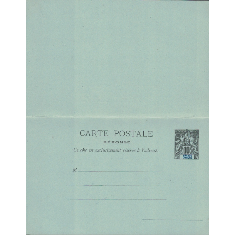 GRANDE COMORE - TYPE GROUPE - CARTE POSTALE REPONSE 10c+10 NOIR SUR VERT.