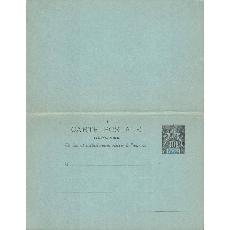 SULTANAT D'ANJOUAN - TYPE GROUPE - CARTE POSTALE REPONSE 10+10c - NOIR SUR BLEU VERT.