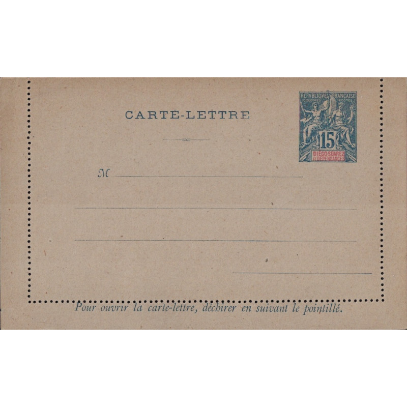 DIEGO SUAREZ ET DEPENDANCE - TYPE GROUPE - CARTE LETTRE 15c BLEU SUR GRIS.
