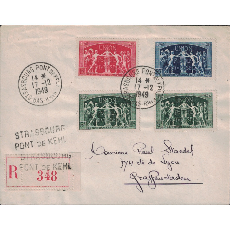 BAS RHIN - STRASBOURG PONT DE KIEL - 17-12-1949 - BEL AFFRANCHISSEMENT.