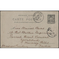 ENTIER TYPE SAGE 10c DE PARIS 29 AVRIL 1901 - A DESTINATION DE MADRAS (INDE) - CACHET SEA POSTE OFFICE