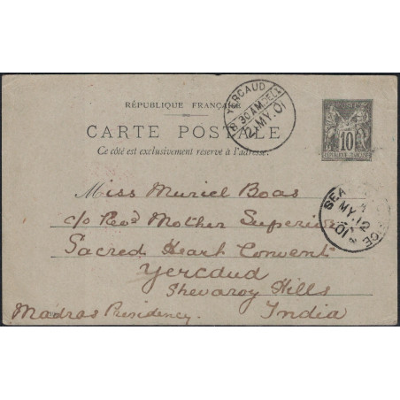 ENTIER TYPE SAGE 10c DE PARIS 29 AVRIL 1901 - A DESTINATION DE MADRAS (INDE) - CACHET SEA POSTE OFFICE