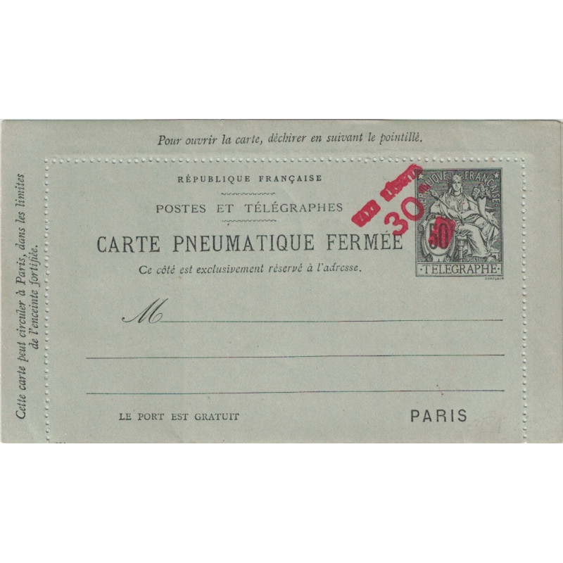 CHAPLAIN - CARTE PNEUMATIQUE FERMEE - TAXE REDUITE 30c /50 - NEUVE..