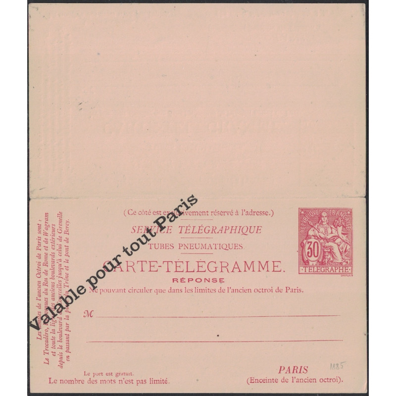 CHAPLAIN - CARTE TELEGRAMME - AVEC REPONSE - SURCHARGE VALABLE POUR TOUT PARIS - NEUVE. CHAPLAIN - CARTE TELEGRAMME - AVEC REPONSE - SURCHARGE VALABLE POUR TOUT PARIS - NEUVE.