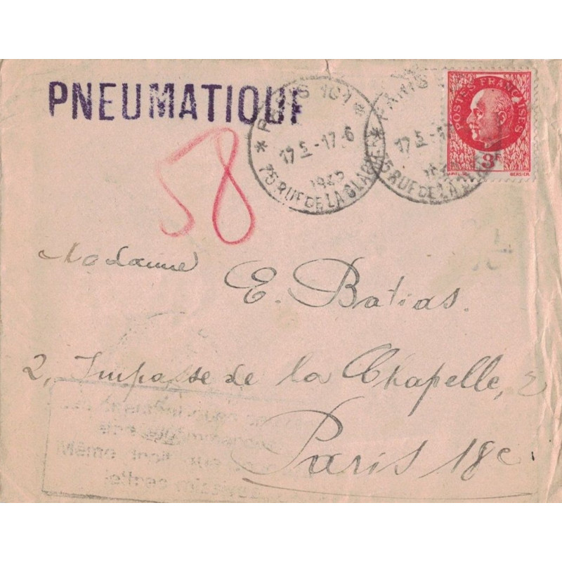 PARIS - PNEUMATIQUE - PETAIN 3F ORANGE SEUL - PARIS 101 * 75 RUE DE LA GLACIERE LE 17-5-1942 - GRIFFE PNEUMATIQUE VIOLETTE PARIS - PNEUMATIQUE - PETAIN 3F ORANGE SEUL - PARIS 101 * 75 RUE DE LA GLACIERE LE 17-5-1942 - GRIFFE PNEUMATIQUE VIOLETTE