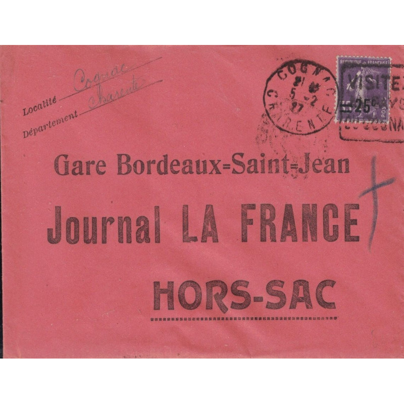 CHARENTE - COGNAC - DAGUIN - SEMEUSE N°218 SUR SUR ENVELOPPE HORS SAC - LE 5-2-1927 - PEU COURANT