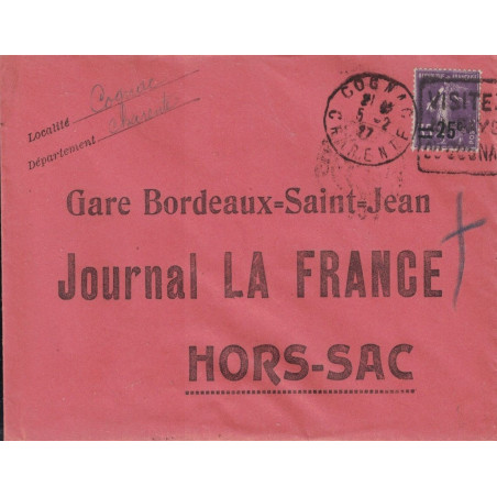 CHARENTE - COGNAC - DAGUIN - SEMEUSE N°218 SUR SUR ENVELOPPE HORS SAC - LE 5-2-1927 - PEU COURANT