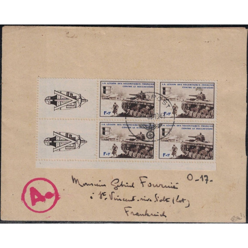 LEGION DES VOLONTAIRES FRANCAIS - L.V.F. - LETTRE AYANT CIRCULEE - BLOC DE 4 DU N°8 - AVEC CORRESPONDANCE DE RUSSIE.
